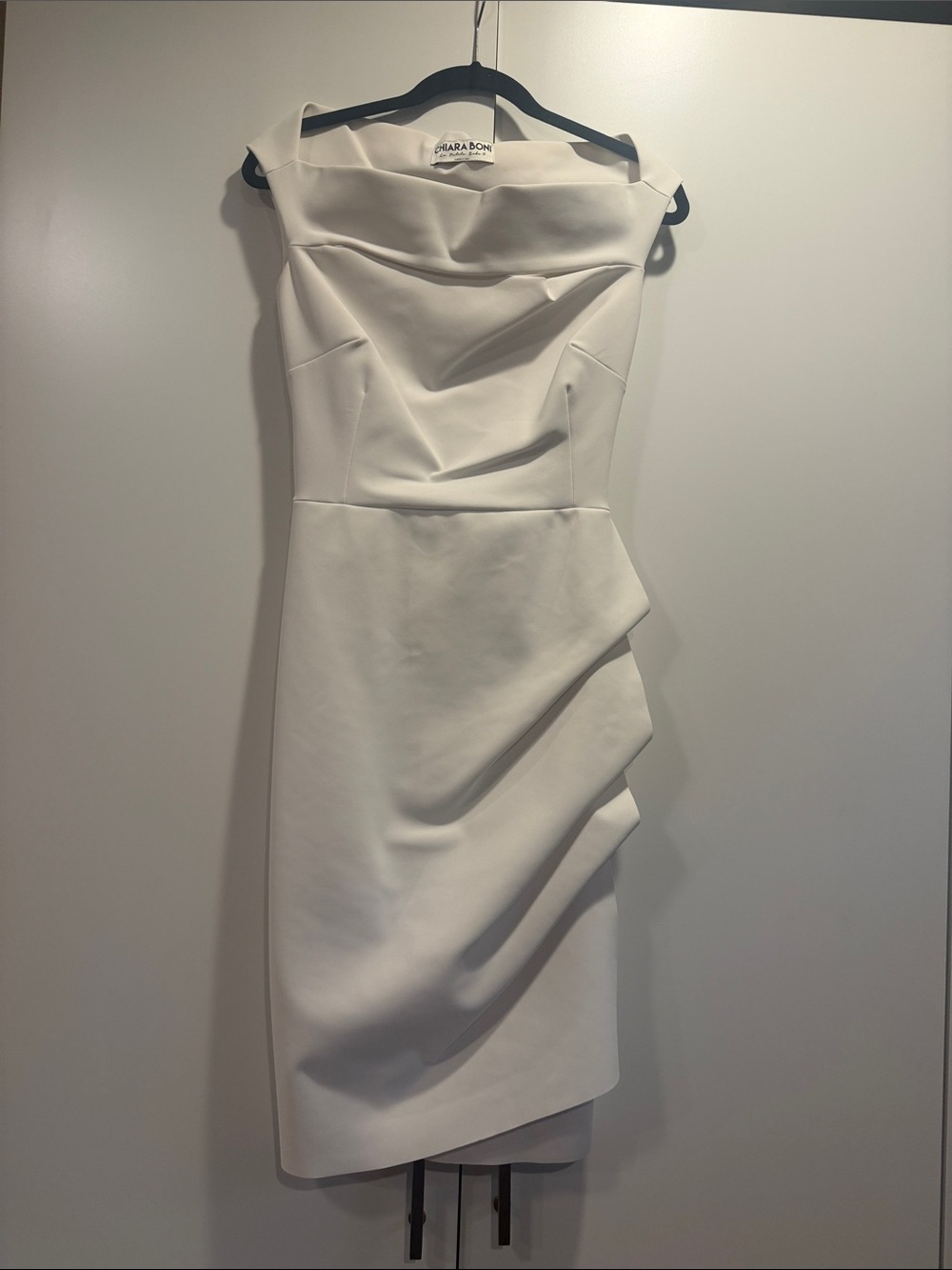 Chiara Boni Cream Off-Shoulder Draped Midi Dress
